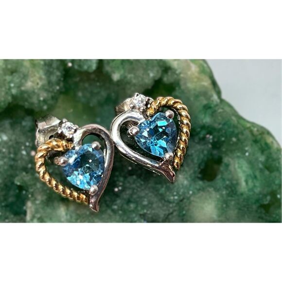 Vintage 925/10K Gold Topaz Clear Glass & Rope Accent Drop Heart Stud Earrings 2g